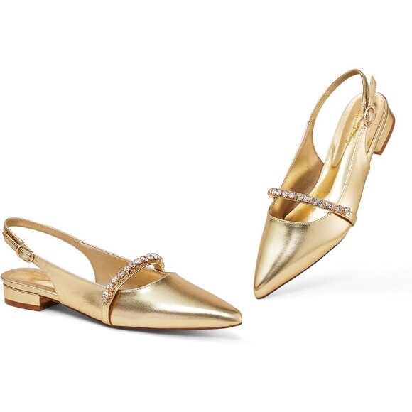 Women Gold Polyurethane (PU) Rhinestone Pointed Toe Slingback Flats - Picture 3 of 9